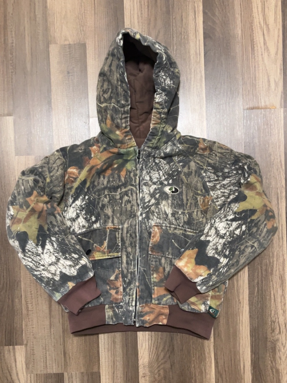 MOSSY OAK Kids Medium 10-12 Brown Camo Hooded Quilted Bomber Hunting Jacket Coat